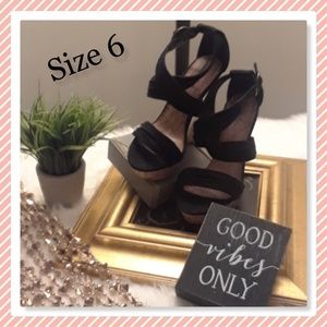 Faux suede ankle strap wedge, worn 2x